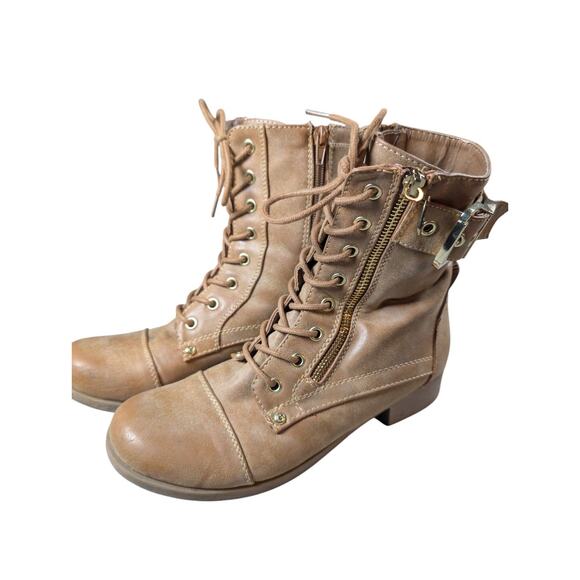 G By Guess Berlyn Women's Tan Combat Boot Sz 8 Lace and Zip Up Gorpcore Gold Zip - Picture 3 of 10